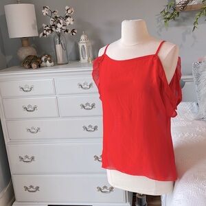 Final Touch Red Flowy open Shoulder Top Spaghetti Strap Sheer Blouse Women Small